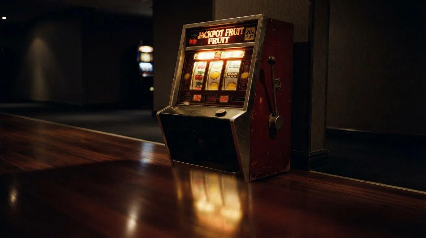 Vanha hedelmäpeliautomaatti hehkuu hämärässä pelisalissa, heijastus kiillottaa tummaa lattiaa — casino ventti