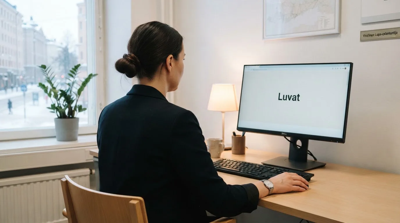 Virkailija istuu vaaleassa virastohuoneessa tietokoneen ääressä, ikkunasta näkyy talvinen kaupunkimaisema.