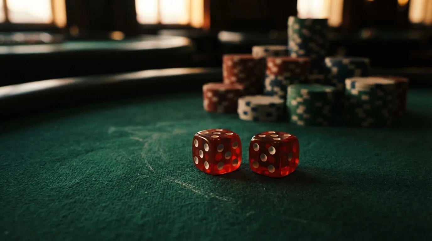 Punaiset nopat lepäävät vihreällä huovalla, taustalla sumeita pelimerkkitorneja iltahämärässä — kolikkopelit casino pelit