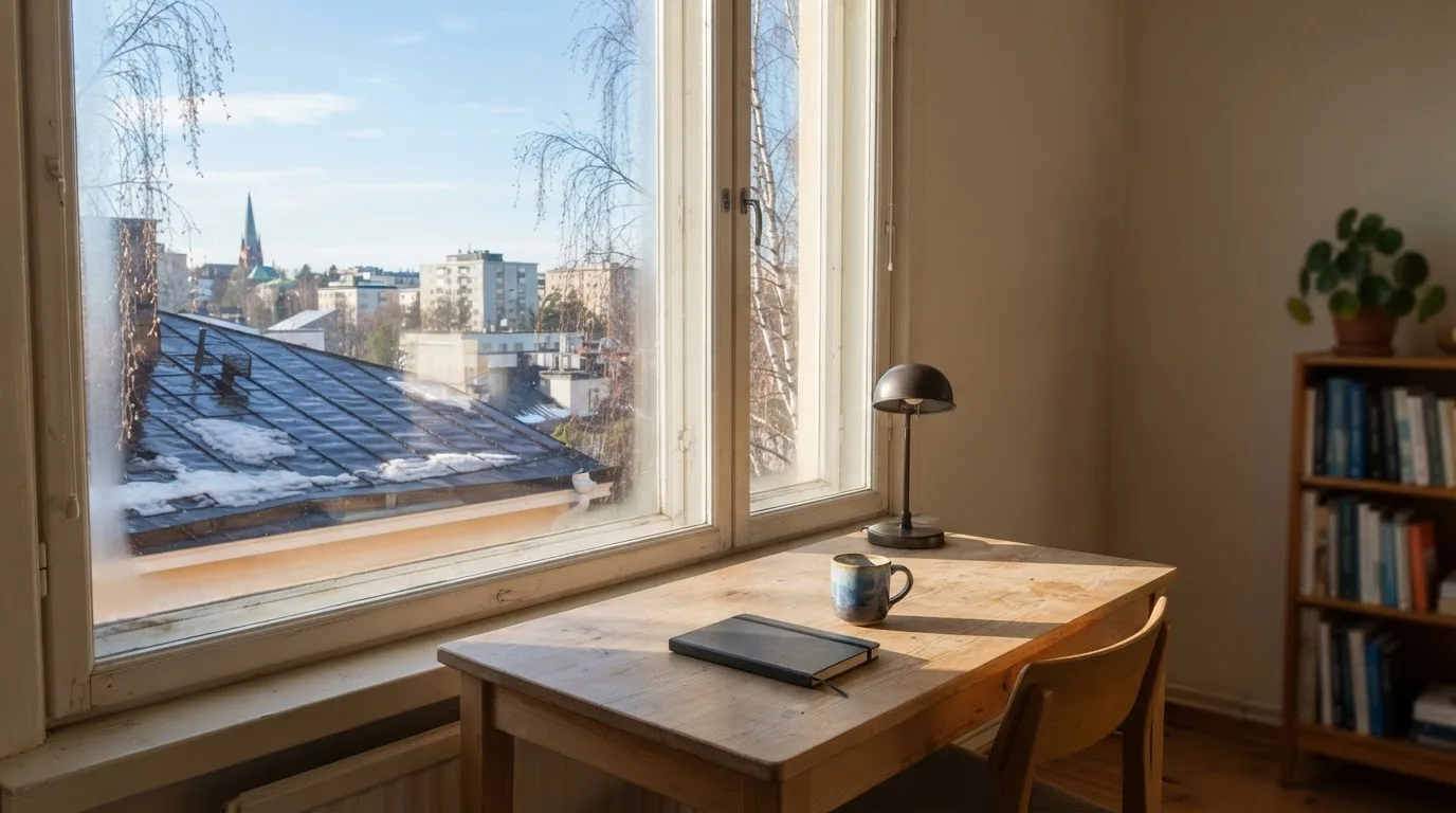 Toimistohuoneen ikkunasta näkyy maaliskuun aamu, lumi sulaa katolla auringonpaisteessa hiljaisella aamulla.